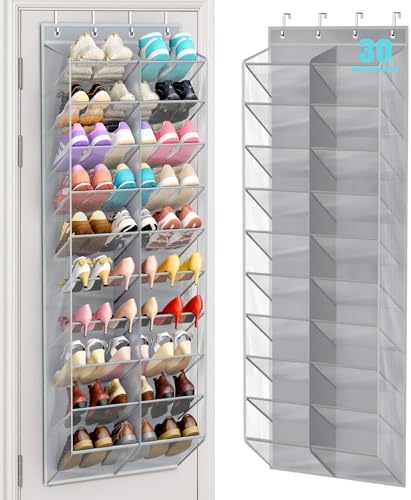 MISSLO 30 Pairs Over the Door Shoe Organizer Breathable Mesh Hanging Shoe Rack for Closet Storage with Wide Deep Pockets 10 Tier Shoes Holder Fit All the Family's Sneakers, Boots, Heels (Grey, 71") by MISSLO
