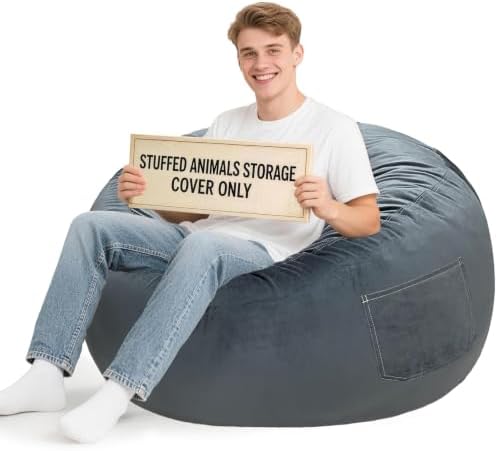 Lukeight Stuffed Animal Storage Bean Bag Chair Cover for Adults, Velvet Plush Toy Organizer Seat, Cover Only, No Filling Included, Long YKK Zipper, Side Pocket, XXX-Large 42"D x 23"H by Lukeight