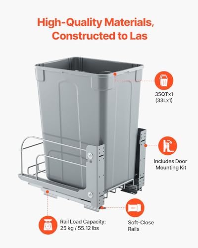 VEVOR Pullout Trash Can for Kitchen Cabinets, 35 QT Garbage Waste Recycling Bin, Under Mount Waste Container, with Heavy Duty Metal Soft Close Sliding System and Door Kit, for Sink, Under Counter - Image 3
