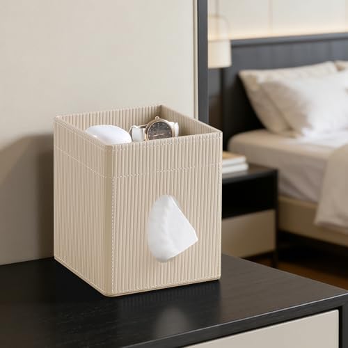 Square Tissue Box Cover with Storage Tray, Tissue Box Organizer, Beige - Image 5