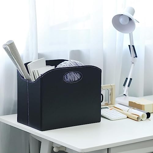 EZDeco Magazine Holder Foldable Magazine Rack Floor PU Leather File Holder Newspaper Book Storage Magazine Basket Document File Folder Organizer for Office Home (Black-2) - Image 6