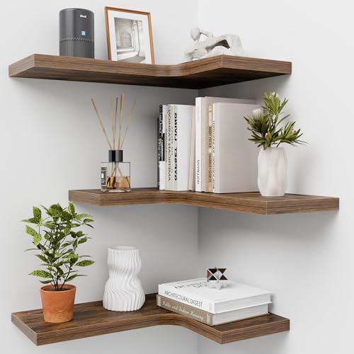 Corner Floating Shelves for Wall Mounted L-Shaped Wood Corner Wall Shelf, Hanging Shelf for Bathroom, Bedroom, Kitchen, Living Room, Office, Home Decor, Set of 3 (Brown) by Unknown