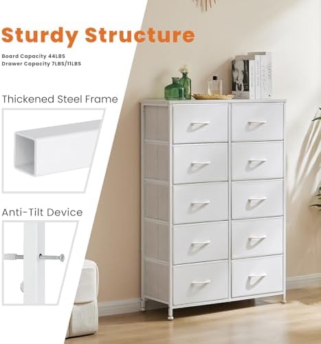 Sweetcrispy 10 Drawer Fabric Dresser Tall Chest Storage Organizer,White - Image 5