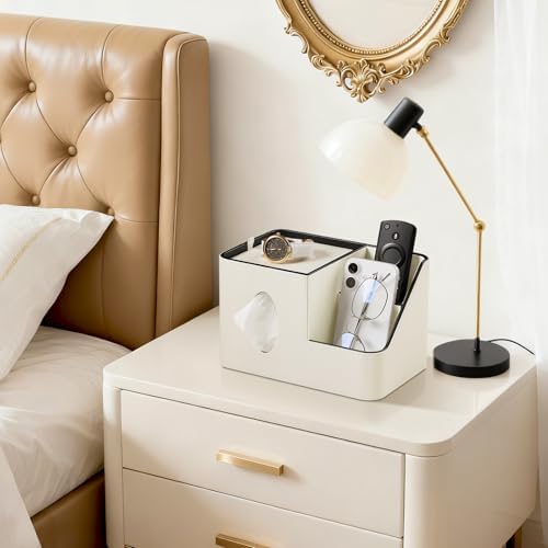 PU Leather Square Tissue Box Cover with Magnetic Closure, Tissue Holder with Storage Tray & Remote Control Organizer, for Nightstand, Living Room, Bathroom, Office Desk (White) - Image 2