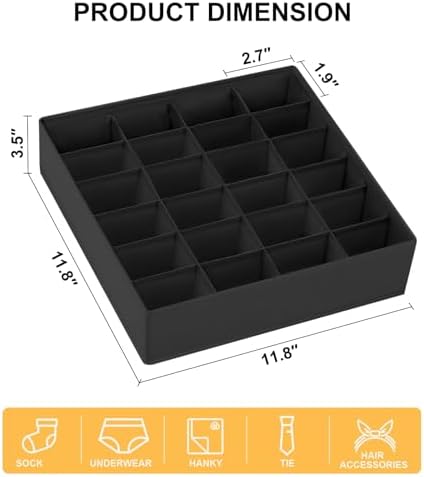 Underwear Organizer 4 Pack, 24 Cell Sock Drawer Organizer Divider, Sock and Underwear Drawer Organizer Foldable Tie Organizer for Socks, Underwear, Belts, Ties. (Black) - Image 2