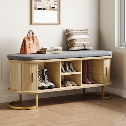 Decofy Shoe Storage Bench with Cushion and Sliding Doors, 47.2 Inch Shoe Bench with Storage, Freestanding Entryway Bench with Storage, Sturdy Metal Feet, for Hallway & Entrance Hall, Oak by Decofy