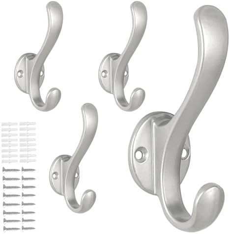 4 Pack Coat Hooks Wall Mount Heavy Duty Utility Retro Double Hooks for Hanging Coats,Hat, Towel, Key, Robe, Scarf, Bag, Cap (Silver) by PEOIAOY