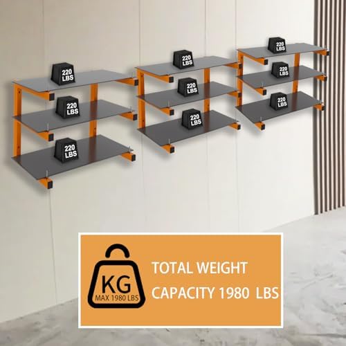 6 Pack Wall-Mounted Lumber Rack, Heavy Duty Wood Storage Racks, 9-Level System Garage Shelving, 1980 LBS Capacity Hanging Organizer Shelves, Orange Brackets Utility Metal Shelf for Indoor and Outdoor - Image 6