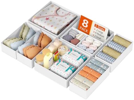 DIMJ Drawer Organizer Clothes, 8 Pack Dresser Organizer, Foldable Closet Organizers and Storage, Fabric Dresser Bins, Drawer Dividers for Nursery, Baby Clothes, Underwears, Sock (white) by DiMJ