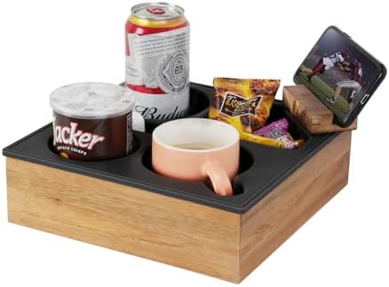 Couch Cup Holder Tray, Soft Food Grade Silicone Acacia Wooden Couch Caddy for Bed Car Seat Beach Organizer, Waterproof Anti-Spill Couch Drink Holder for Snacks Beverage Remote (Black) by Hitseon