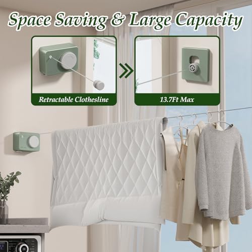 Danpoo Retractable Clothesline Heavy Duty - 13.8ft Adjustable Tension Wall Mounted Indoor Outdoor Clothes Drying Line, Compact Laundry Rope with Pulley System(Green) - Image 2
