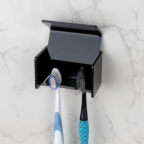 Toothbrush Holder Wall Mounted with Cover for Bathroom, 2 Slots Toothbrush Storage Organizer for Shower, Self Adhesive Toothbrush Hanger Rack for Dorm, Cabinet (Black) - Image 5