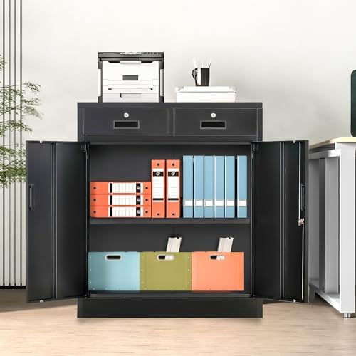 Wanfu Metal Storage Cabinet, 36" H Locking Storage Cabinet with 2 Drawers and Adjustable Shelf, Metal Cabinets for Office, Garage, Home-Black - Image 2