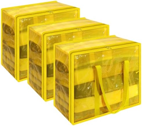 Vieshful 40L Yellow Clear Clothes Storage Bag Colorful Clothes Organizer with Zipper Vinyl Storage Bag for Comforter, Blanket, Bedding, Duvet, Transparent Moving Totes 3 Pack by Vieshful