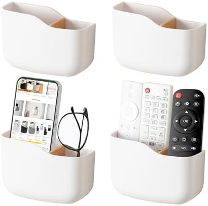 SUNFICON Wall Mount Remote Holder TV FAN Remote Control Holder Bedside Caddy Wall Organizer Phone Holder for Office Adhesive Media Player Controller Holder Box Tray Home Desk Nightstand 4 PACK WHITE by SUNFICON