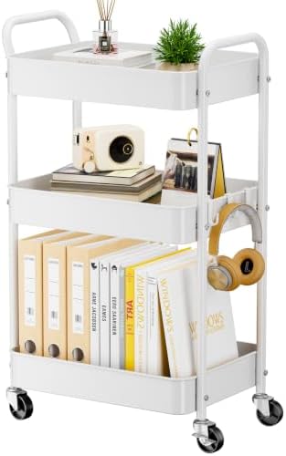 YASONIC 3-Tier Metal Rolling Cart Utility Carts with Wheels White by YASONIC