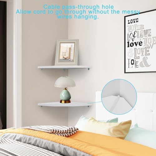 Corner Wall Shelves Set of 2, Rustic Wood Corner Floating Shelves with Cable Raceway, Wall Mount Storage Display for TV Accessories, Baby Monitor, Speaker, Cable Box (White, Diamond- 10 Inch) - Image 5
