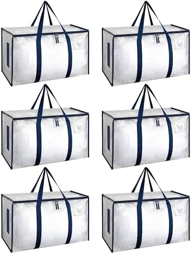 HealSmart 6 Pack Large Moving Bags with Zippers & Handles, Moving Supplies with lids, Heavy Duty Totes for Space Saving, Fold Flat, Moving and Storing, Clear by HealSmart