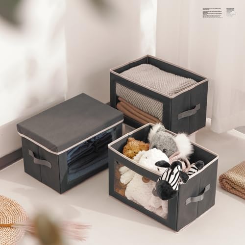 Homsorout Storage Bins with Lids - Fabric Storage Boxes with Window, Collapsible Closet Organizers with Handles, 3 Pack Decorative Bin, Home Cubes Baskets for Clothes, Hat, Books, Dark Grey - Image 5