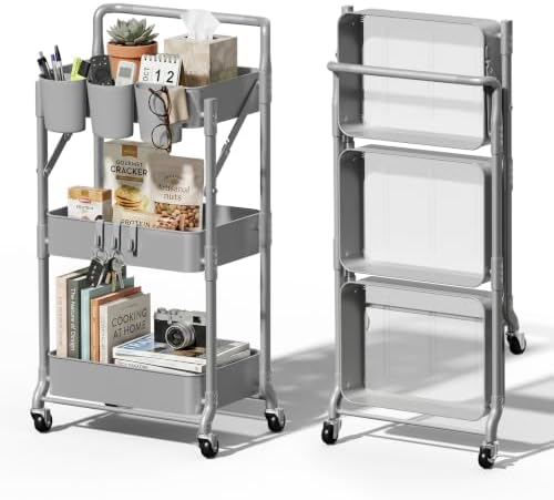 Foldable 3 Tier Rolling Cart, Metal Utility Cart with Wheels by Johgee