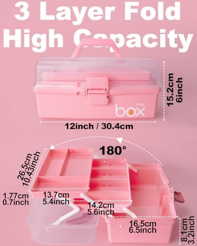 TERGOO 12in 3-Layer Plastic Craft Organizers and Storage, Portable Folding Tackle Box with Handle & Adjustable Dividers, Multipurpose Case for Sewing, Art Supplies, Medicine, Tools (Pink) - Image 2