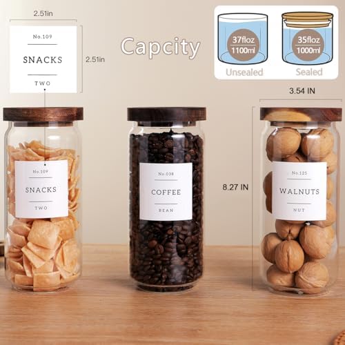 CZZGSM 3 Set Glass Pantry Storage Jars with Acacia Airtight Lid - 35oz Thicken Glass Kitchen Canisters with 132 Pantry Labels - Clear Food Storage Containers with Wood Lid for Tea,Sugar,Cookie,Pasta - Image 4