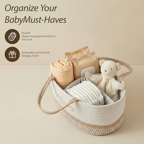 DUHEL Diaper Caddy Organizer with Handle(White Khaki-Happy) - Image 7
