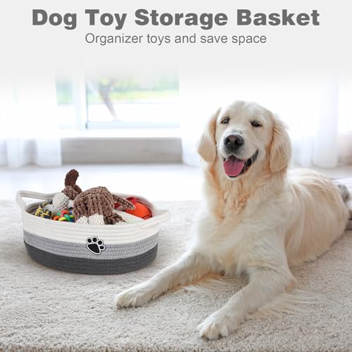 Optish Dog Toy Basket, Toy Box and Bin for Dog Cat Storage, 13.5" X 11" X 5" Small Woven Rope Basket for Baby Storage, Closet, Living Room, White & Grey - Image 2