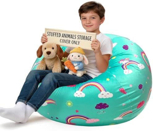 Lukeight Stuffed Animal Storage Bean Bag Chair Cover for Kids, Velvet Plush Toy Organizer Seat, Cover Only, No Filling Included, Long YKK Zipper, Side Pocket, X-Large 30"D x 18"H by Lukeight