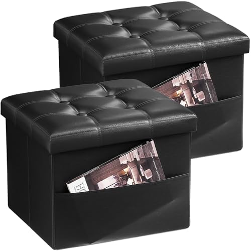 Bsketa Storage Ottoman Bench, 16" Folding Leather Foot Rest, Black 2 Pack by Bsketa