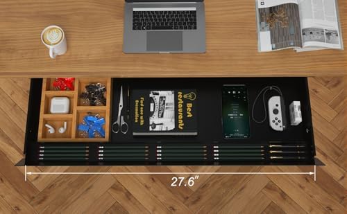 Large Under Desk Mounted Sliding Drawer with Bamboo Tray and 60 Degree Tilt Panel to Pull Out, 30'' Long & 13'' deep Large Storage Organizer for Sit Stand Workstation - Image 2