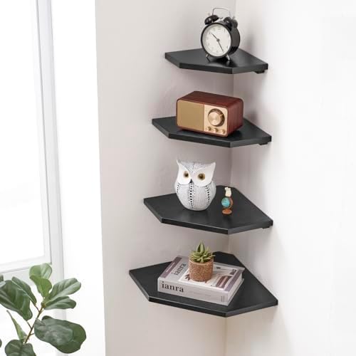 Corner Wall Shelves Set 2 Solid Oak Wood with Wire Hole Wall Mount,Black - Image 2