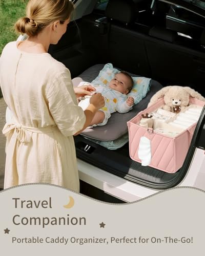 Pink Diaper Caddy Organizer – Portable Storage Basket with Shoulder Strap & Stroller Hooks, Splashproof Quilted Nursery & Car Tote for Baby Girl Shower Gift, Baby Registry, Blush Pink - Image 6