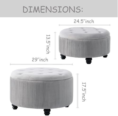 29'' & 24.5'' Round Storage Ottoman Coffee Table Set of 2, Light Gray - Image 2
