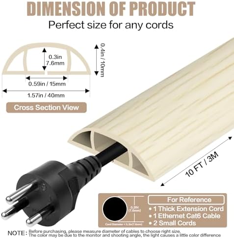 Floor Cord Cover Self Adhesive Cord Hider,10FT Cable Management, Extension Strip Protector for Wires, Prevent Cable Trips for Offices, Gyms, Exhibitions Cavity:0.51"(W) x 0.3"(H) Yellow Wood - Image 2
