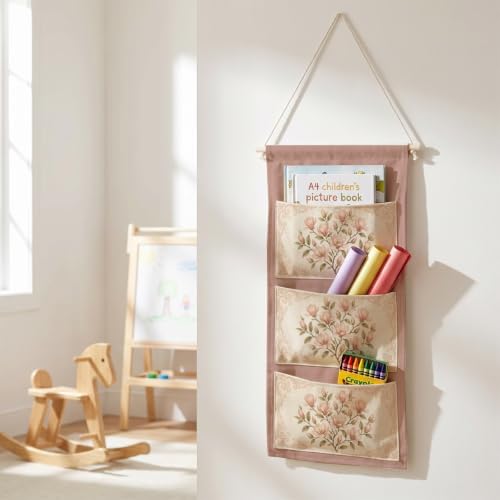 IAXIC Vintage Pink Magnolia Canvas Wall Hanging Organizer with Pockets - Image 4