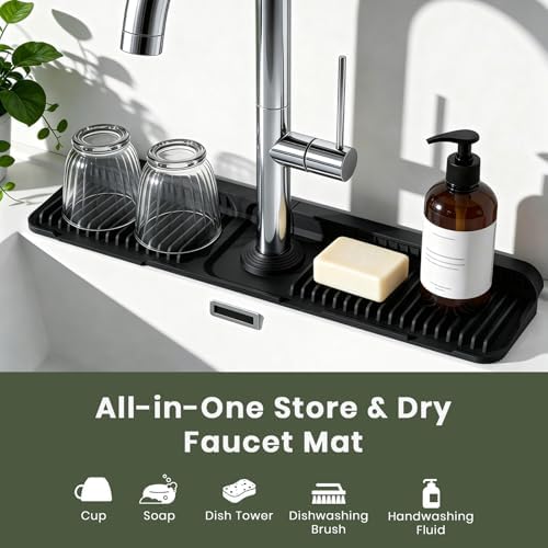 2PCS 24 Inch Faucet Mat for Kitchen Sink, Silicone Splash Guard for Kitchen Sink Area, 7° Slope Fast Self-Draining Sink Mat, Cuttable Hole Design, Sink Backsplash Guard Draining Mat, Black - Image 5