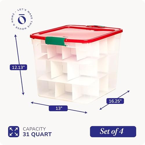 HOMZ Holiday Tote Storage Bin w/Lid & Dividers, 31 Qt, Clear/Red, 4 Pack - Image 5