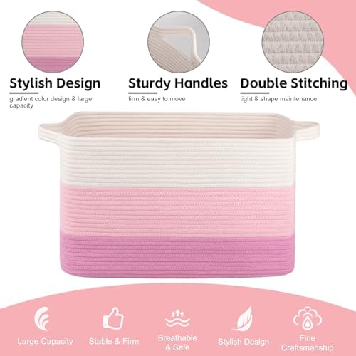 OIAHOMY Large Blanket Basket, 65L Cotton Rope Woven Laundry Basket, Toy Bin for Baby Room, Container for Blanket Storage in Living Room, 20''×16''×12'', Gradient Pink - Image 6