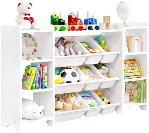 MallBest 57" Extra Wide Kids Bookshelf and Toy Storage Organizer, Solid Pine Wood Frame Playroom Organizer with 9 Bins, 4-Tier Toy Organizer for Kids Room, Nursery and Bedroom,White by MallBest