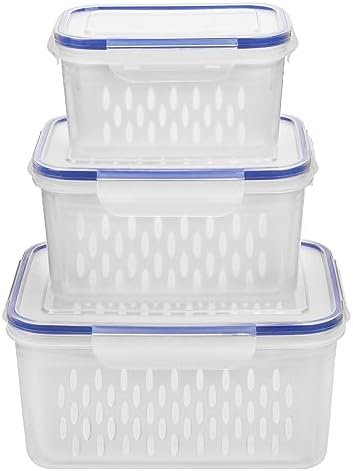 Fruit and Vegetable Storage Containers for Fridge, 6 Pcs/3 Sets Keep Fresh Produce Saver Containers Keeper, Food Storage Containers with Removable Colander (blue) by KOXXIAMOQ