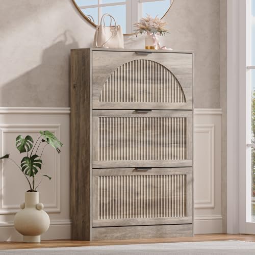Fluted Shoe Storage Cabinet for Entryway, 3 Flip Drawers, Grey by BOXACTION