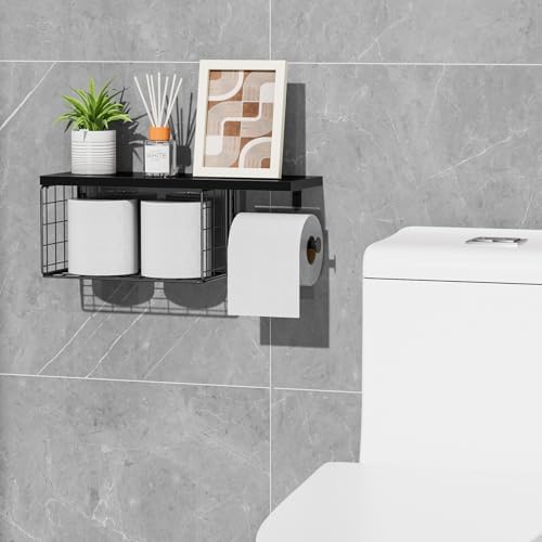 VITVITI Toilet Paper Holder with Shelf, Wall Mounted Storage Basket, Black - Image 4