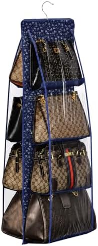 Lirex Handbag Hanging Purse Organizer for Closet, 8 Pocket Handbag Storage Organizer Hanger Oxford Cloth Closet Organizer for Family Closet Bedroom, Foldable and Universal Fit, Blue White Floral by Lirex