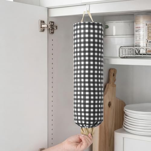 Gingham Plastic Bag Holder for Grocery Bag, Black - Image 6