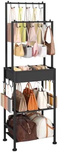 DIMJ Purse Organizer for Closet - Floor-standing Handbag Organizer Rack with 16 Hooks, Purse Storage Shelf Stand for Handbags, Totes, Wallets, Scarves, Bedroom Entryway and Walk-in Closet, Black by DiMJ