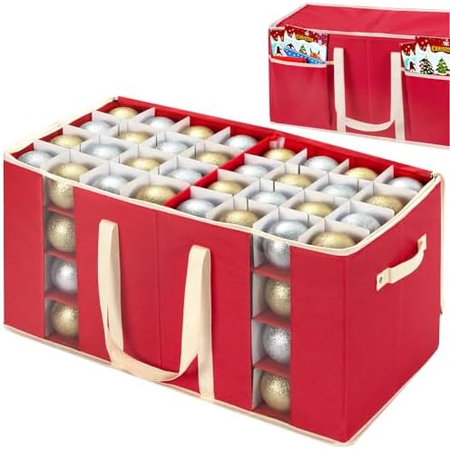 inin Christmas Ornament Storage Box with Adjustable Dividers,Christmas Ornaments Organizer with Zipper,Storage Container Bin with Side Pockets for Holiday Decorations(128 Ball, Red, without Tray) by Unknown