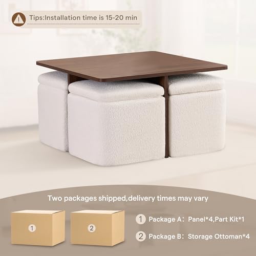 Square Coffee Table with Storage Ottomans, Beige - Image 4