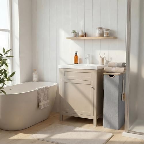 efluky Slim Laundry Hamper with Lid and Removable Bag, 75L Light Grey - Image 2