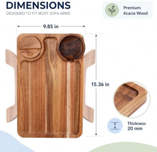 Couch Cup Holder Tray, 3 in 1 Acacia Wood Sofa Arm Clip On Tray Table with 360° Rotating Phone Holder | Couch Armrest Tray for Sofa, Recliner & Chair, Wood Side Table Tray with Drink Holder - Image 2